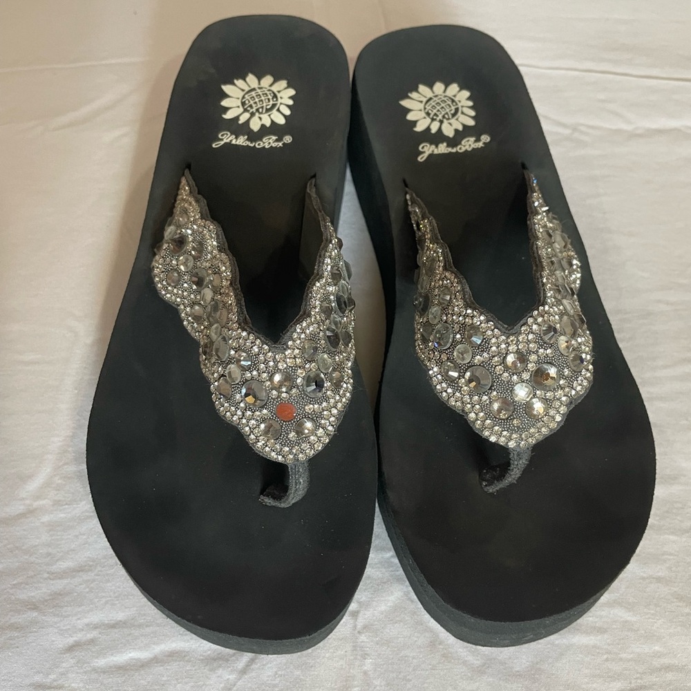 Yellow Box Black Sandals with Silver Embellishments
